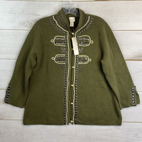 Chicos Sz 1 M 8/10 Cardigan Sweater Studded Beaded Button Up Olive Green NWT - Picture 1 of 13